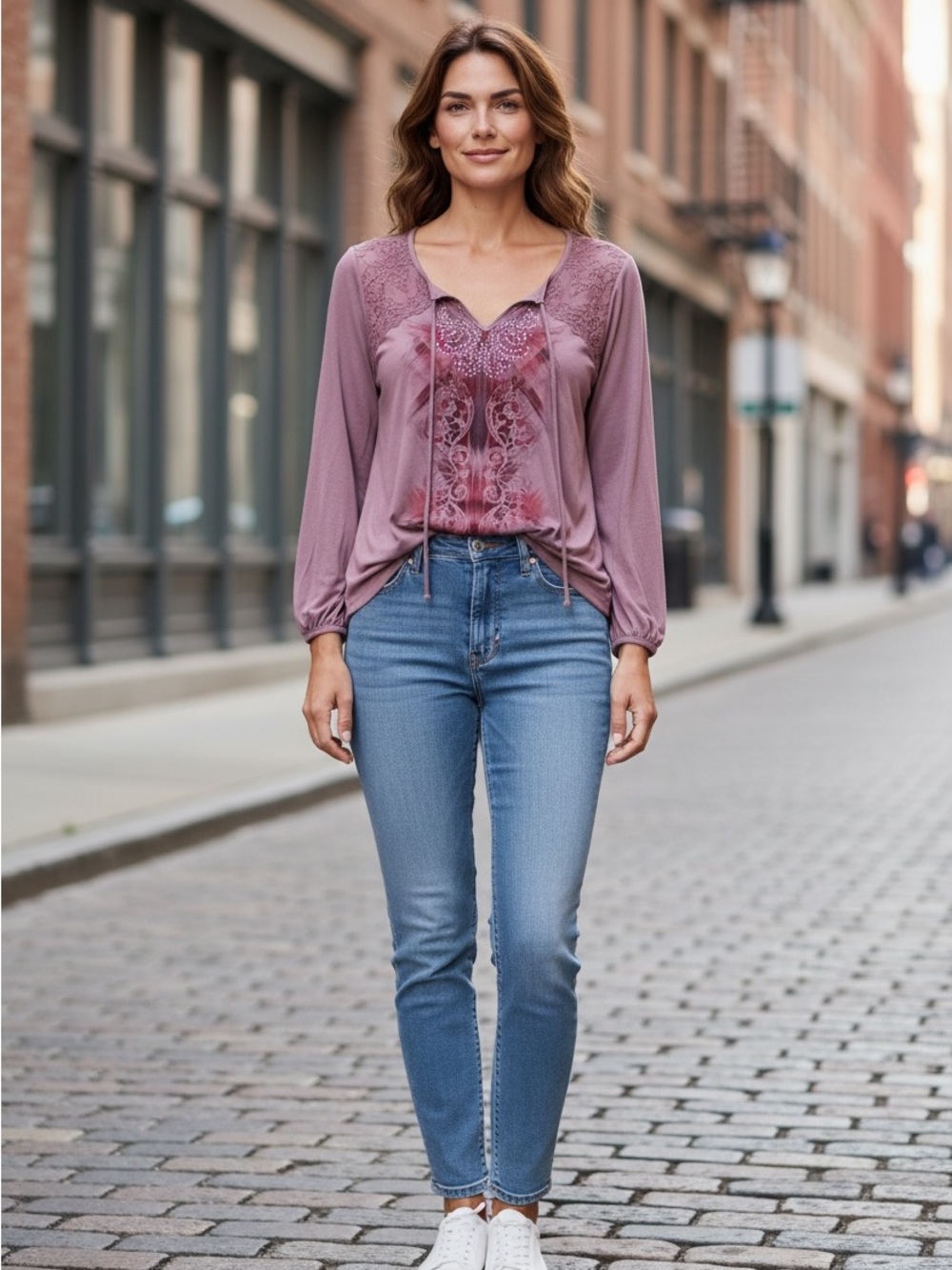 Lace-Trim Long Sleeve Blouse in Dusty Rose